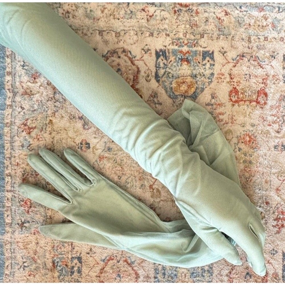 Vintage Sage Mint Green Opera Length Gloves Layered Nylon Mesh Set Sony Costume
